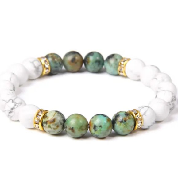 White and Green Bracelet,Gemstone 2 Colors Beaded Bracelet,Good Luck Bracelet - Picture 1 of 1